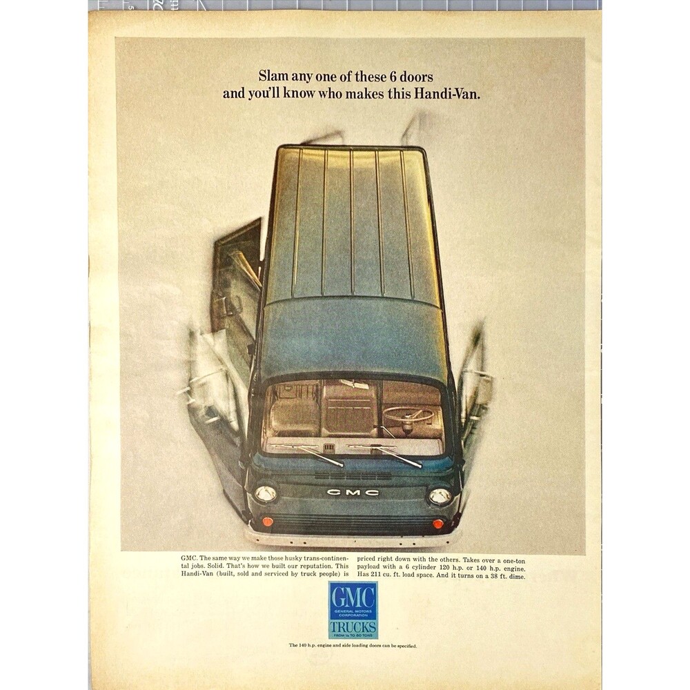 GMC Trucks Handi-Van "Panel Van with 6 side doors" Vintage Print Ad 1965